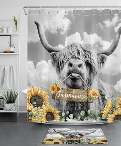 Sunflower Shower Curtain with Highland Cow Print for a Rustic Farmhouse Bathroom 