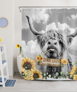 Sunflower Shower Curtain with Highland Cow Print for a Rustic Farmhouse Bathroom