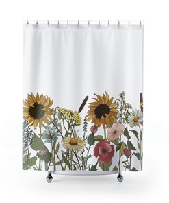 Sunflowers and Daisies Shower Curtain - Botanical Cottagecore Bathroom Decor