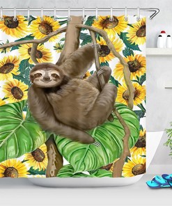 Sunflowers and Tropical Leaves Watercolor Shower Curtain, Cute Sloth Bathroom Decor and Housewarming Gift