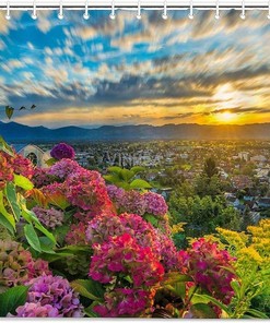 Sunset Hills Hortensias Shower Curtain with Skyline for Elegant Bathroom Decor 