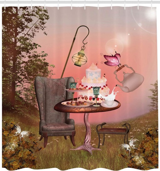 Surreal Birthday Alice in Wonderland Shower Curtain for Whimsical Bathroom Decor