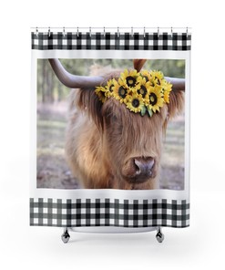 Sweet Pea Shower Curtain - Farmhouse Decor with Scottish Highland Cow Print