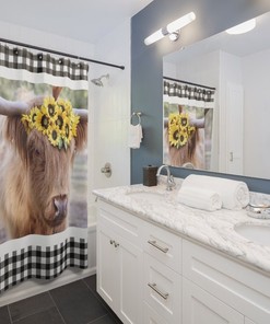Sweet Pea Shower Curtain - Farmhouse Decor with Scottish Highland Cow Print