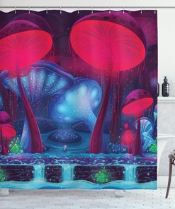 Take a Trip to Enchanted Forest with Vibrant Neon Magic Mushroom Graphic Shower Curtain, for an Enchanting Bathroom Decor
