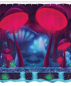Take a Trip to Enchanted Forest with Vibrant Neon Magic Mushroom Graphic Shower Curtain, for an Enchanting Bathroom Decor