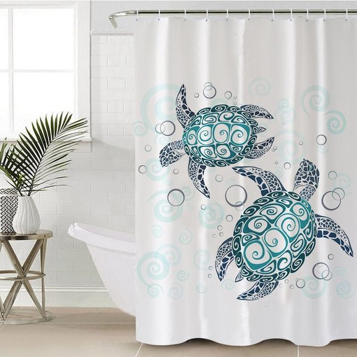 Teal Shower Curtain with Coral Marine Sealife and Nautical Beach Theme featuring Sea Turtles