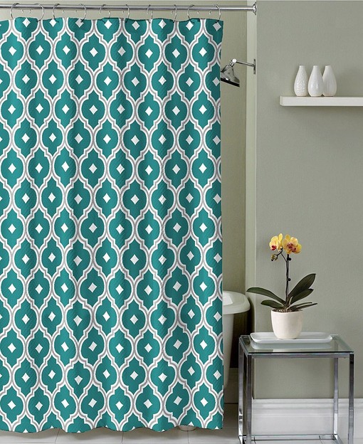 Teal and White Geometric Shower Curtain for a Minimalistic Touch