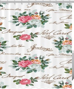Text Shower Curtain with Spring Colored Roses for Bathroom Decor