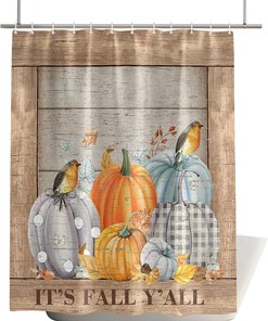 Thanksgiving Pumpkin Bird Shower Curtain - Waterproof Fabric with Retro Wood Board Privacy for Bathtub Decor
