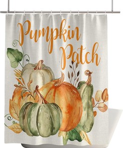 Thanksgiving Pumpkin Leaf Shower Curtain - Retro Linen Waterproof Fabric with Fall Harvest Botanical Print
