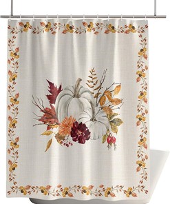 Thanksgiving Pumpkin Maple Leaf Flower Shower Curtain - Retro Linen Fabric with Berry Print for Bathtub Privacy
