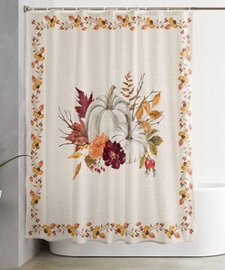Thanksgiving Pumpkin Maple Leaf Flower Shower Curtain - Retro Linen Fabric with Berry Print for Bathtub Privacy