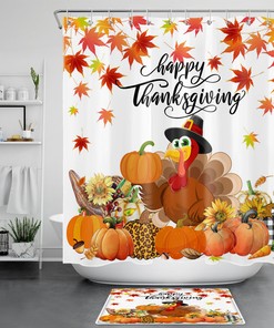 Thanksgiving Shower Curtain with Maple Leaf Turkey Pumpkin Print