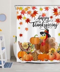 Thanksgiving Shower Curtain with Maple Leaf Turkey Pumpkin Print