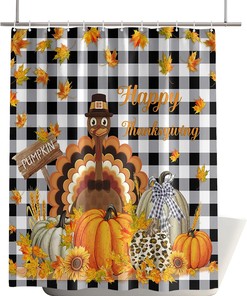 Thanksgiving Turkey Pumpkin Maple Leaf Shower Curtain - Black White Plaid Fabric with Privacy Bath Curtain for Bathtub Decor