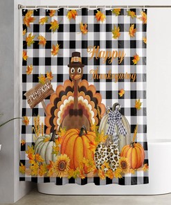 Thanksgiving Turkey Pumpkin Maple Leaf Shower Curtain - Black White Plaid Fabric with Privacy Bath Curtain for Bathtub Decor