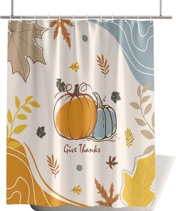 Thanksgiving Watercolor Pumpkin Maple Leaf Shower Curtain - Abstract Art Water Proof Fabric with Privacy