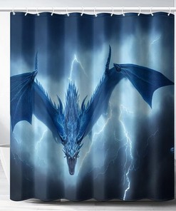 Thunder Dragon Shower Curtain - Blue Dragon Flying Above Sky Pattern Bath Decor