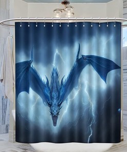 Thunder Dragon Shower Curtain - Blue Dragon Flying Above Sky Pattern Bath Decor