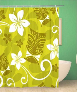 Tiki Pattern Plumeria Shower Curtain for Luau Bathroom Decor