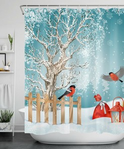 Tree Cardinal Christmas Gifts Snowflake Bathroom Curtain Fabric