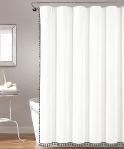 Trendy Gray Boho Melora Tassel Yarn Shower Curtain for Contemporary Bathroom Decor