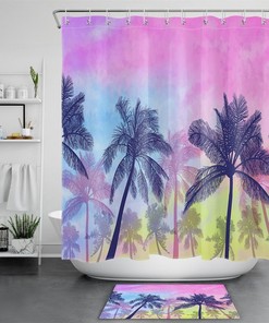 Tropical Beach Palm Trees Watercolor Shower Curtain, Waterproof Fabric for Stylish Bathroom Decor