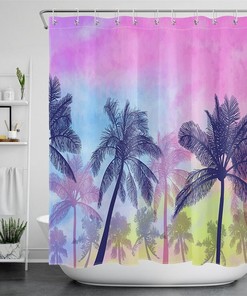 Tropical Beach Palm Trees Watercolor Shower Curtain, Waterproof Fabric for Stylish Bathroom Decor