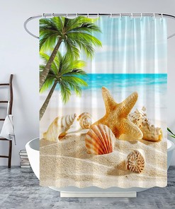 Tropical Beach Shower Curtain - Starfish Palm Leaves Seashell Ocean Scene Summer Bathroom Decor