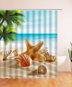 Tropical Beach Shower Curtain - Starfish Palm Leaves Seashell Ocean Scene Summer Bathroom Decor
