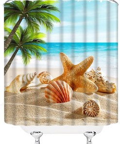Tropical Beach Shower Curtain - Starfish Palm Leaves Seashell Ocean Scene Summer Bathroom Decor