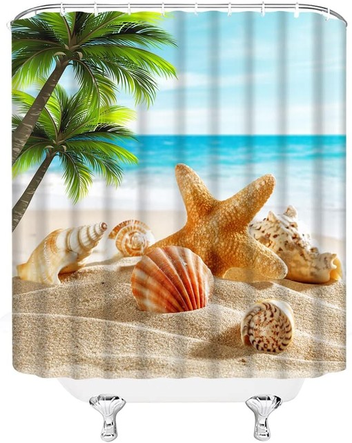 Tropical Beach Shower Curtain - Starfish Palm Leaves Seashell Ocean Scene Summer Bathroom Decor