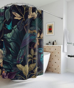 Tropical Bird Pattern Shower Curtain - Jungle Bathroom Decor
