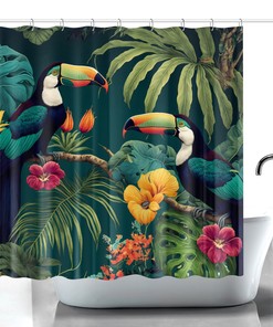 Tropical Bird Shower Curtain - Hibiscus Blossoms Bathroom Curtain and Great for Your Bathroom Decor with Palm Leaves Bath