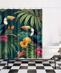 Tropical Bird Shower Curtain - Hibiscus Blossoms Bathroom Curtain and Great for Your Bathroom Decor with Palm Leaves Bath