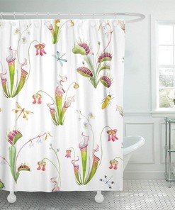 Tropical Carnivorous Plants Watercolor Pattern Shower Curtain - Dragonfly and Flowers Print