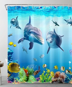 Tropical Fish and Dolphin Shower Curtain for Ocean Bathroom Accessories