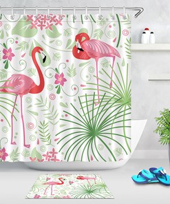 Tropical Floral Pink Flamingo Shower Curtain for Bathroom Decor