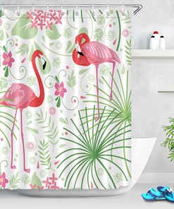 Tropical Floral Pink Flamingo Shower Curtain for Bathroom Decor