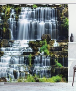 Tropical Jungle Waterfall Shower Curtain, Natural Scenery and Waterproof Fabric Bathroom Curtain