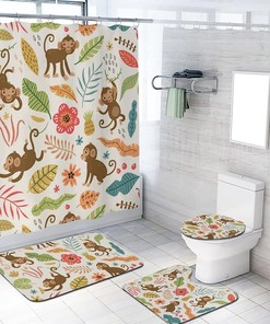 Tropical Monkey Illustration Shower Curtain - Humorous Addition to Your Bathroom Decor