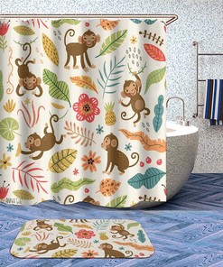 Tropical Monkey Illustration Shower Curtain - Humorous Addition to Your Bathroom Decor