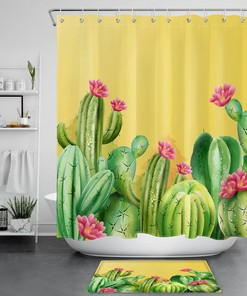 Tropical Watercolor Cactus Shower Curtain - Palm Leaves and Cactus Bathroom Decor - Home and Housewarming Gift