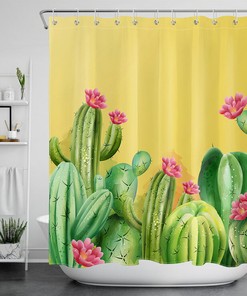 Tropical Watercolor Cactus Shower Curtain - Palm Leaves and Cactus Bathroom Decor - Home and Housewarming Gift