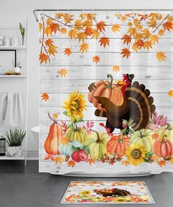 Turkey and Pumpkin Thanksgiving Shower Curtain with Rustic Board Design for Bathroom Decor