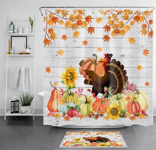 Turkey and Pumpkin Thanksgiving Shower Curtain with Rustic Board Design for Bathroom Decor