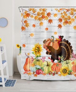 Turkey and Pumpkin Thanksgiving Shower Curtain with Rustic Board Design for Bathroom Decor