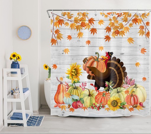 Turkey and Pumpkin Thanksgiving Shower Curtain with Rustic Board Design for Bathroom Decor