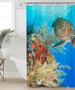 Turtle Ocean Shower Curtain - Blue Bathroom Decor - Marine and Nautical Theme Bath Curtain - Home Gift